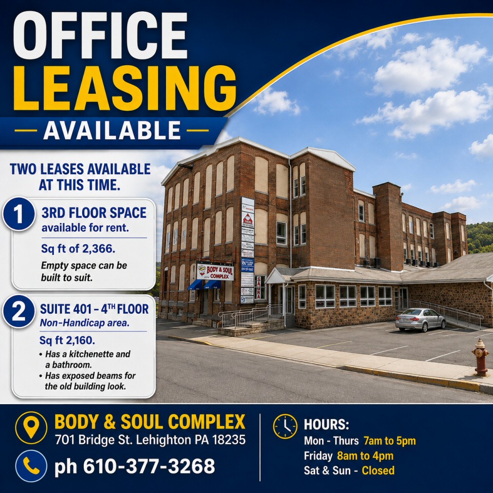 Office Leasing at Body And Soul Complex 701 Bridge St Lehighton PA, Two Available Office Space For Lease Lehighton, Office Space For Rent,Commercial Rental,Office Space For Lease Lehighton PA